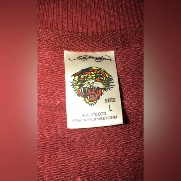 Ed-Hardy Sweater Jacket Large Zip- Up Skull Dragon Burgundy Christian- Audigier - Picture 3 of 3